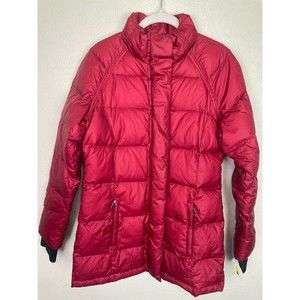 Athleta Quilted Puffer Jacket Goose Down Size S Red Full Zip Thumbholes Nylon